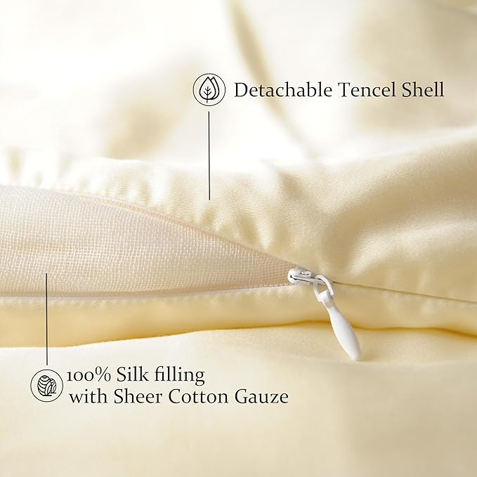 CUDDLE DREAMS Lightweight Silk Filled Comforter for Summer, Detachable Tencel Duvet Cover for Easy Care, Naturally Breathable (Ivory, Twin)