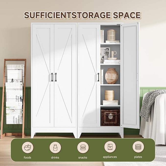 Letaya Storage Cabinet,75" H Metal Kitchen Pantry Cabinets with Doors and Adjustable Shelves,Pantry Organizers for for Cupboard/Office/Garage Room,White