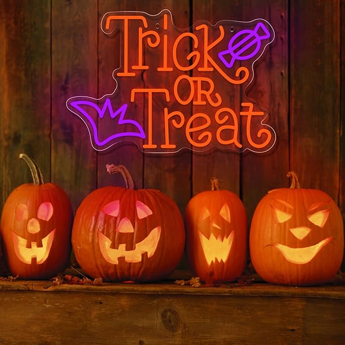 Trick or Treat Neon Sign for Wall Decor Dimmable LED Neon Halloween Light for Wall Decor, LED Halloween Light Up Sign Decor for Wall Bedroom Home Bar Halloween Party Decor Halloween Present for Trick or Treat Party Backdrop