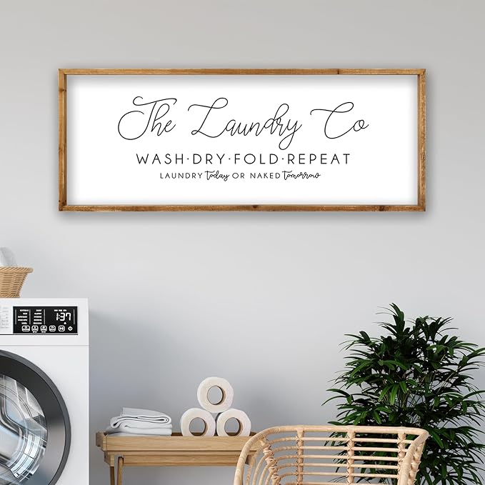 ZZJJHYWGQ Laundry Room Wall Decor 32"×12" Wash Dry Fold Repeat Funny Laundry Sign Rustic Farmhouse Decor Large Wooden Frame Humorous Quote Wall Hanging Art (Wood)