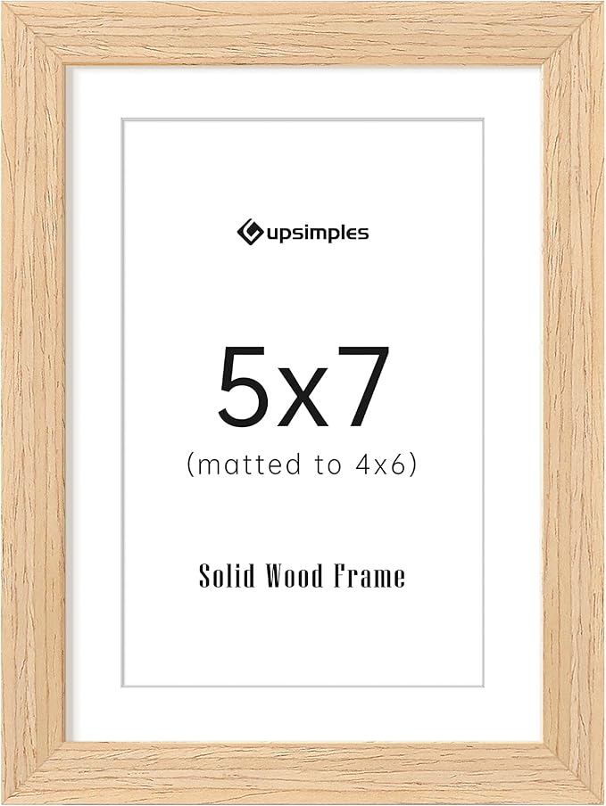 upsimples 5x7 Picture Frame, Natural Solid Wooden Picture Frames, Display 4x6 with Mat or 5 x 7 Without Mat, Wall or Tabletop, 1 Pack, Natural