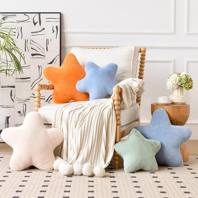 Xiashrk Star Pillow, Decorative Throw Pillows for Bed Couch, 15" Star Shaped Pillow Plush Floor Cushions Room Decor Pillow with Faux Rabbit Fur for Sofa Bedroom Living Room (Grey Blue, 15" x 15")