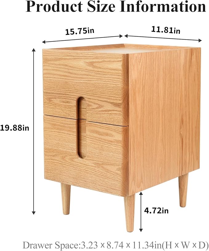 Narrow Nightstand, Mid Century Modern Nightstand, Solid Wood Bedside Table, Side Table witn Drawers (Natural, 11.81inches)