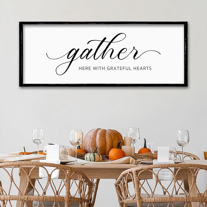 ZZJJHYWGQ Gather Here With Grateful Hearts Sign Rustic Farmhouse Wall Art 32"×12" For Dining Room kitchen Family Gathering Thanksgiving Decor Minimalist Large Wooden Framed Hanging Art (Black)