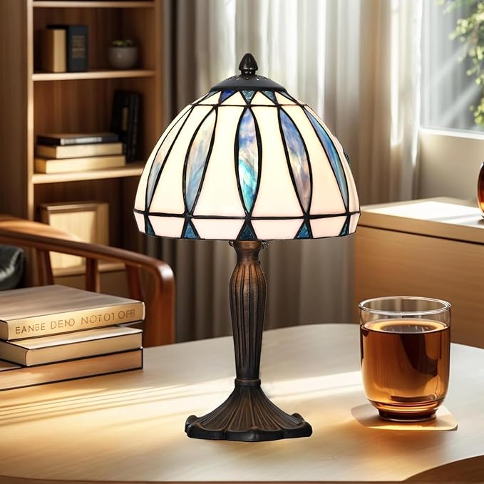TL0034 Tiffany Style Table Lamp with Stained Glass Shade, Vintage Bronze Base W 8" x OH 14.25", Great for Home Office Small Space, LED Bulb Included (Blue White)