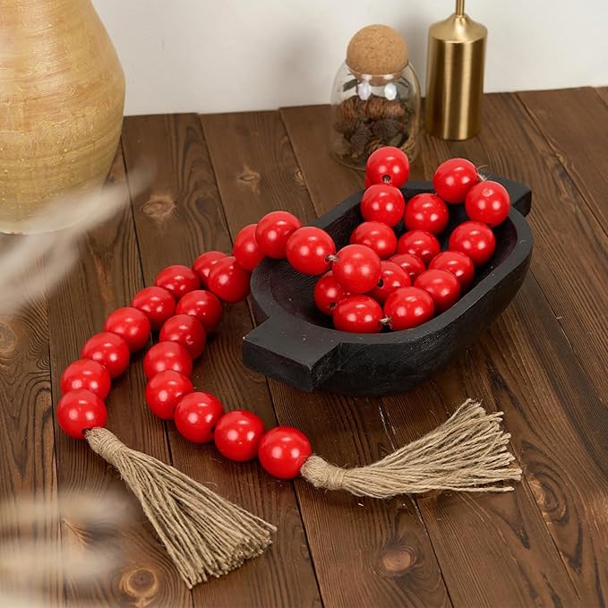 OMISHE 76" Long Large Wood Bead Garland with 1.6" Diameter Wooden Beads and Tassels, Rustic Farmhouse Country Wood Beads Garland for Home Tiered Tray Decor, Decorative Beads with Tassels Red