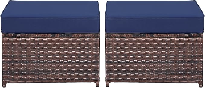 Outdoor Ottoman Rattan Footstool - Patio Ottomans with Removable Cushion, All-Weather PE Wicker & Steel Frame for Poolside, Garden Outdoor Furniture,23.6 x 21.7 x 17.8 inches, Brown