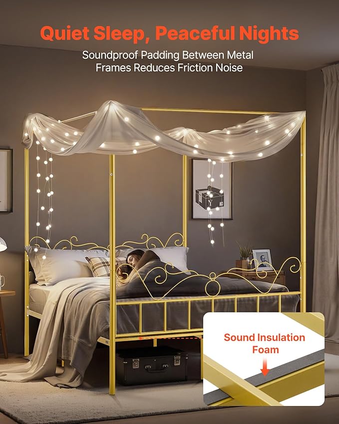 VEVOR Canopy Bed Frame Queen Size, Metal Canopy Bed with Minimalist Headboard & Four Posters Design, Heavy Duty Steel Slats Support, Underbed Storage Space, No Box Spring Needed, Easy Assembly, Gold