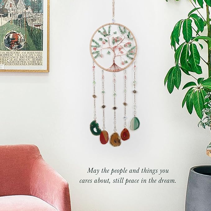 Rainbow Agate Gemstone Large Dream Catcher Crabapple Chakra Tree of Life Dream Catcher with Crystal Stones Handmade Dreamcatcher Wall Decor for Adults Boys Girls Bedroom Garden Bless Gift