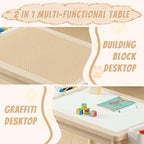 Multi Functional Kids Table and 2 Chairs Set, Graffiti & Building Blocks Double-Sided Tabletop, Toddler Play Table with Drawers, Large Storage Space, Gift for Boys/Girls, Burlywood