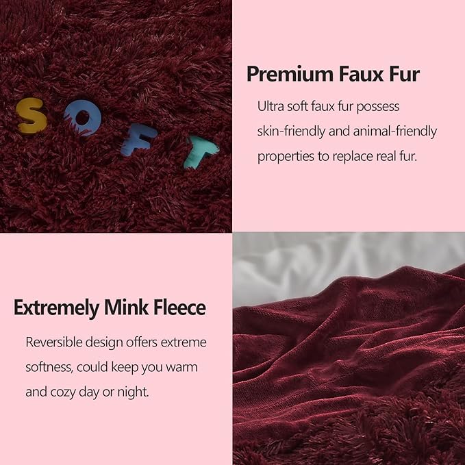 GONAAP Fuzzy Faux Fur Throw Blanket Queen Size Wine Red Super Soft Cozy Plush Fuzzy Shaggy Blanket for Couch Sofa Bed (Wine Red, Queen(90"x90"))