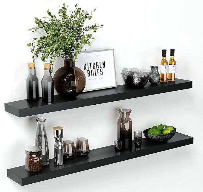 Homeforia Floating Black Shelf 60 inch, High End Solid Real Wood 60 inches Long Floating Shelves for Wall, Black Wooden 60inch Large Floating Shelves, Heavy Duty Bracket, 60 X 6.5 X 1.75 in, Set of 3