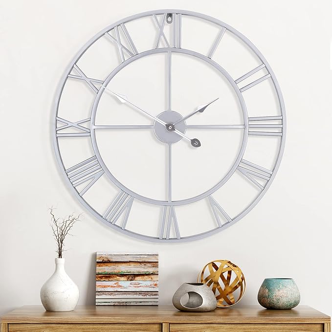 1st owned Large Wall Clock Metal Retro Roman Numeral Clock, Modern Round Wall Clocks Almost Silent, Easy to Read for Living Room/Home/Kitchen/Bedroom/Office/School Decor (Silver, 32 Inch)