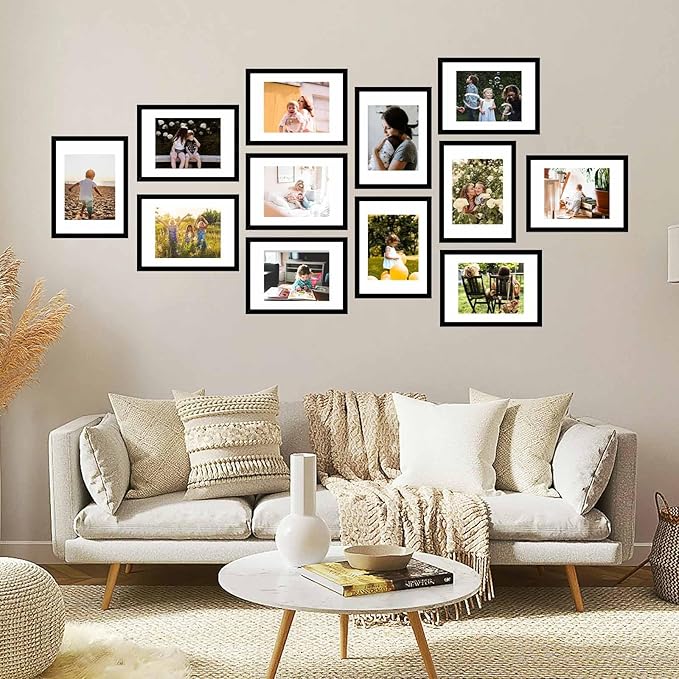 12 Packs A4 Picture Frames, Display 6x8 with Mat or 8.3x11.7 Without Mat, Gallery Wall Frame Set, 8.3 by 11.7 Frames Bulk Set of 12 Collage Wall Decor Photo Frames Set for Wall and Tabletop, Black