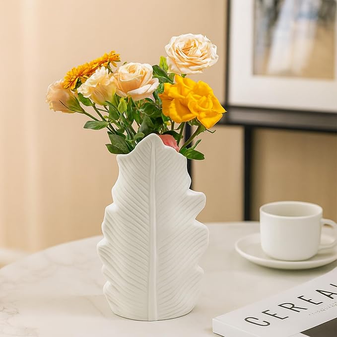 White Matte Ceramic Leaf-Shaped Vase – BEAHOT Modern Minimalist Decorative Flower Vase with Embossed Leaf Texture for Table Centerpiece, Home & Office Decor