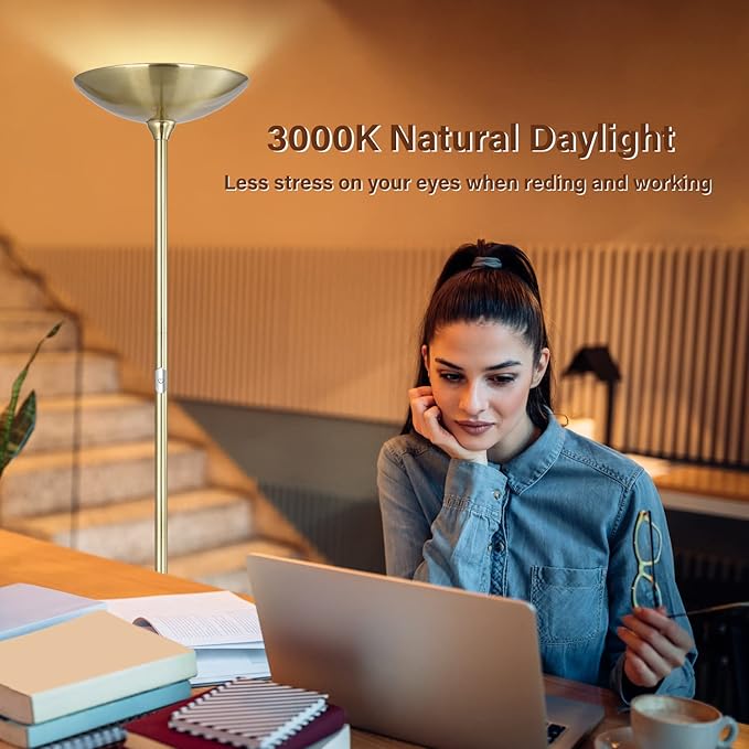 BoostArea Floor Lamp,Torchiere Standing Lamp,20W 2000LM LED Tall Floor Lamp,Stepless Dimmable,Touch Control,50000hrs Lifespan,Pale Floor Lamps for Living Room,Standing Lamps for Bedroom,Gold