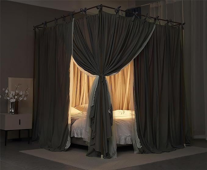 4 Corners Post Princess Curtain Bed Canopy Double Layer Cozy Mosquito Net Mesh and Cloth for Girls Adults Bedroom Decoration (Double-Grey/White, 64" W*82" L*82"*H/(Queen))