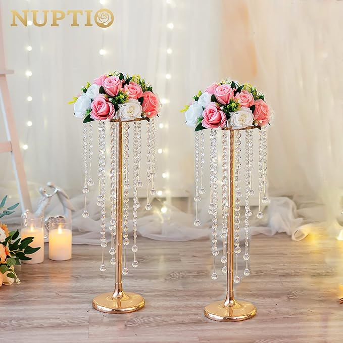 NUPTIO Wedding Centerpieces Gold Vases: 2 Pcs 21.7in Tall Crystal Flower Vase Metal Flowers Stand for Party Tables Decorations - Elegant Bulk Weddings Decoration Table Chandelier Centerpiece Stands