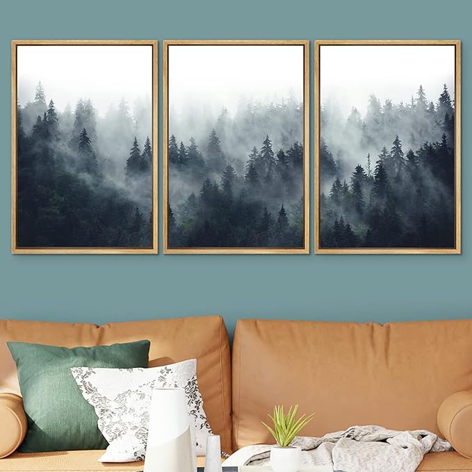 SIGNWIN Framed Canvas Print Wall Art Woodland Nursery Decor Set Misty Mountain Range Pine Tree Forest Nature Realism Decorative Rustic Chic for Living Room, Bedroom, Office - 24"x36"x3 Natural