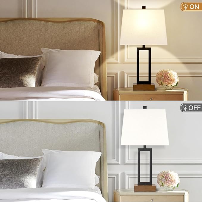 23.5" Table Lamps Set of 2, Modern Black Bedside Lamps with 2 USB Ports & AC Outlet, Contemporary Nightstand Lamps with Wood Base for Bedroom Living Room(LED Bulb Included)