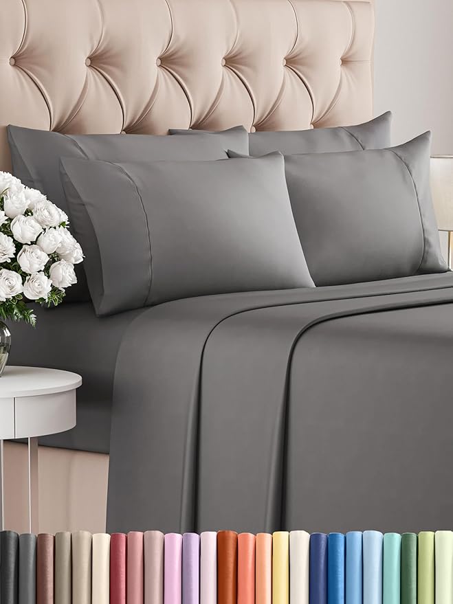 Full Sheets Set 6 Piece - Includes 4 Pillowcases - Bed Sheets Full Size - Soft Hotel Luxury Bedding - Cooling, Comfy, Cozy & Breathable - 1 Flat & 1 Fitted & 4 Pillowcases w/ Deep Pockets - Dark Grey