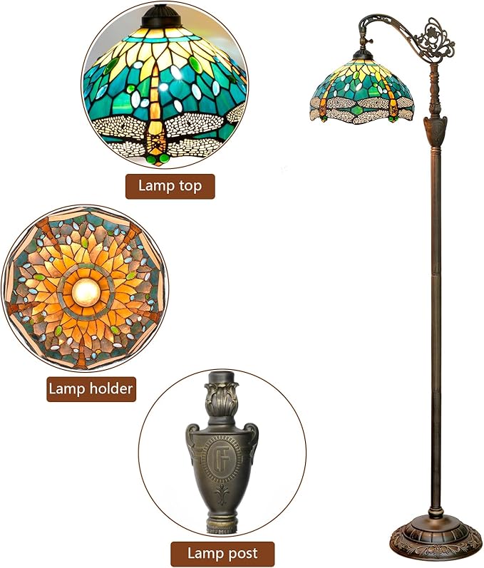 Tiffany Floor Lamp Green Dragonfly Stained Glass Lamp Adjustable Gooseneck Standing Reading Light 63 inches Tall Standing Lamp for Living Room Bedroom and Office