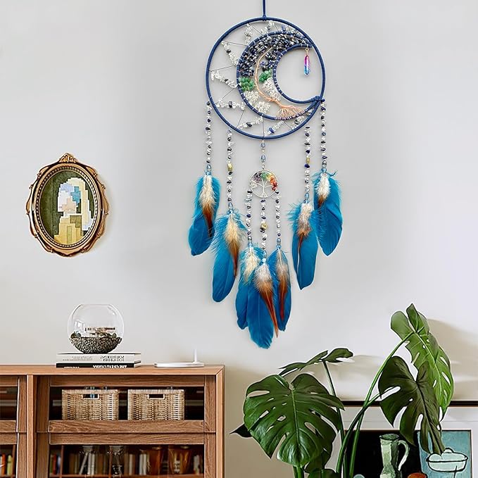 Tree of Life Dream Catchers,Handmade Rainbow Healing Crystal Stone Dream Catcher Wall Hanging Ornament for Bedroom Wedding Party Decor, Festival Blessing Gift (Blue Purple Tree of Life Art(Moon))
