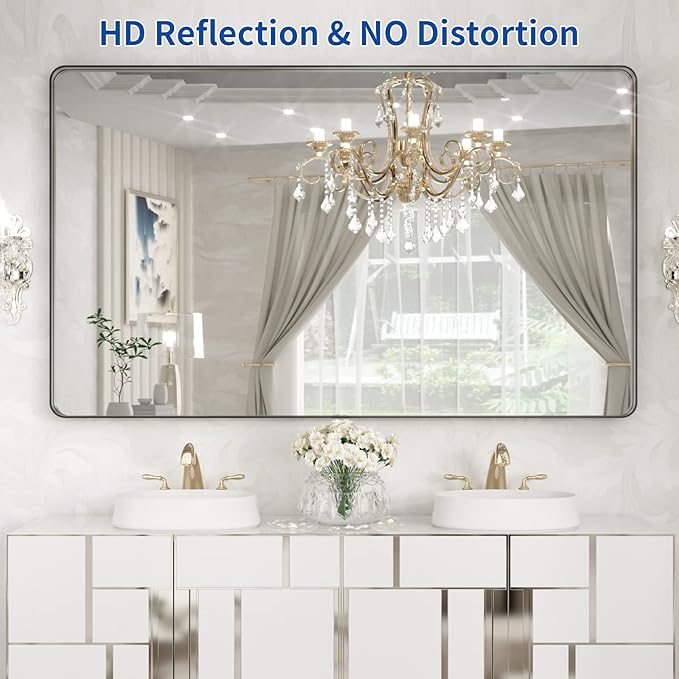 WEER Black Metal Framed Mirror, 60X36 Inch Rectangular Matte Black Wall Mirror for Bathroom, Rounded Corner Black Bathroom Vanity Mirror, Tempered Glass, Anti-Rust, Hangs Horizontal or Vertical