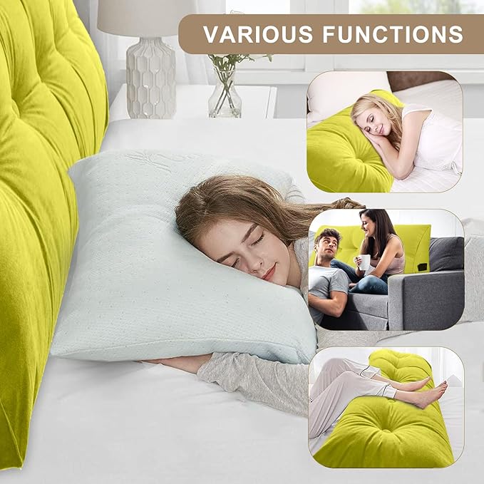 Large Triangular Headboard Pillows Long Backrest Positioning Support Bolster Cushion for Daybed Fluffy Quality Plush Body Wedge Pillow with Removable Cover(Yellow Green-Full-54x8x20in)