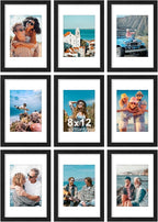 Vittanly 8x12 Picture Frames Set of 9, Shatter Resistant Plexiglass, Display 6x8 Pictures with Mat or 8x12 without Mat, Photo Frames for Wall or Tabletop, Engineered Wood, Black