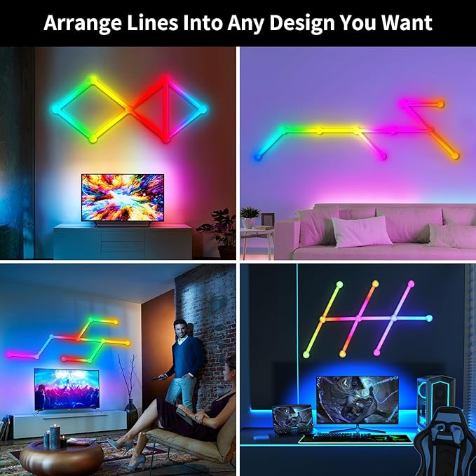 Smart WiFi RGB LED Wall Light Lines, Music Sync DIY Geometry Splicing Gaming Lights, 16M+ Color Changing Home Decor Lights Work with Alexa and Google Assistant for Game Room, Bedroom - 9 Bars