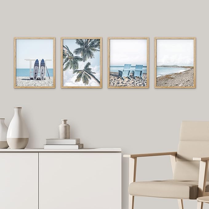 SIGNWIN Framed White Surfboard Tropical Palm Tree Beach Shore Wall Art, Set of 4 Landscape Colorful Wall Decor Prints, Nature Wilderness Wall Décor for Living Room, Bedroom - 11"x14" Natural