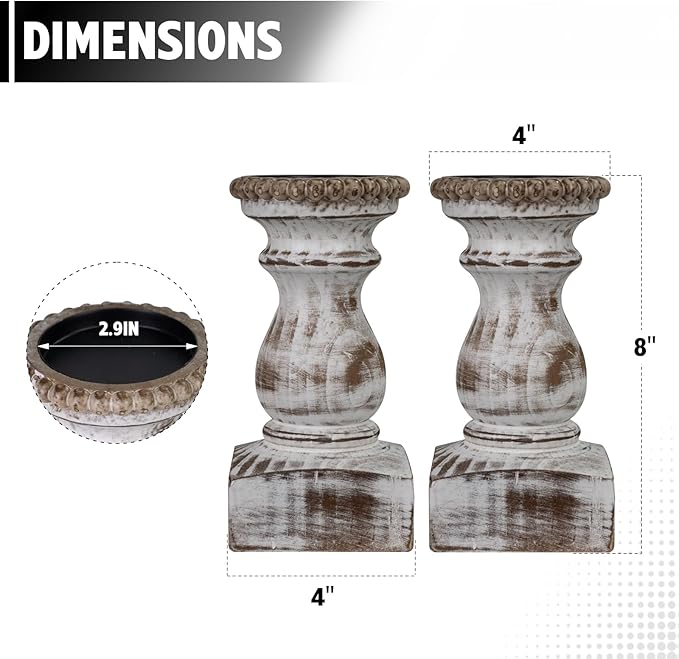 Candle Holder for Pillar Candle Set of 2, Farmhouse Wood Candle Holder, Rustic Wooden Candle Stand, Vintage Wooden Candlestick Holders Decorative for Living Room, Table Centerpiece, Washe White