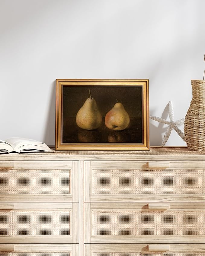 HUARCEY Gold Framed Vintage Wall Art for Living Room, Pear Fruits Painting Prints Shelf Decor for Kitchen, Aesthetic Bedroom Wall Art Decor, Christmas Gift for Friends or Family (Two Pears 12"x16")