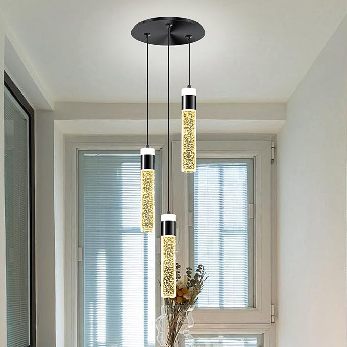 Dimmable 3-Light Pendant Lights Kitchen Island Crystal Hanging Light Modern Black Ceiling Light for Dinning Room Living Room