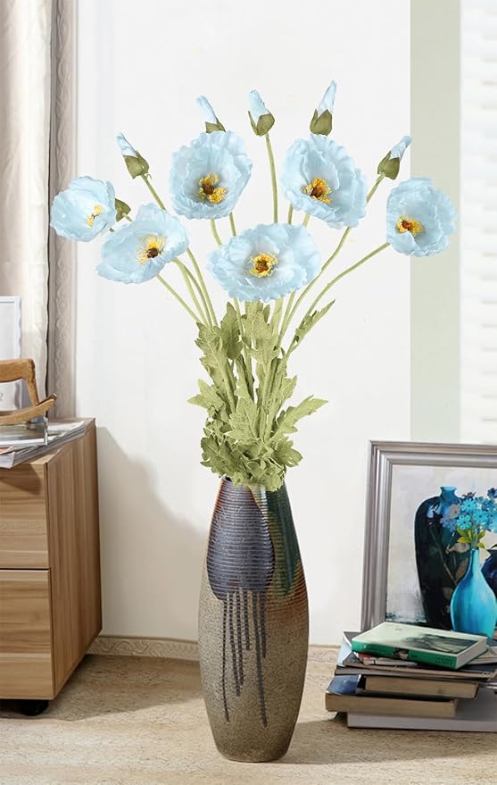 IPOPU 43.3" Poppy Flowers Artificial Flowers 6PCS Fake Silk Poppies Long Stem Artificial Flowers for Tall Vase for Wedding Party Home Decor(Baby Blue)