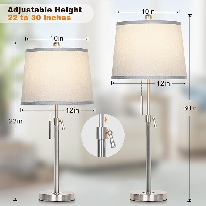 Table Lamps Set of 2, Bedside Lamp Silver Tall Table Lamps for Living Room End Tables, 22" to 30" Adjustable Height Lamp for Bedroom Nightstand Farmhouse with Pull Chain(Bulbs Included)