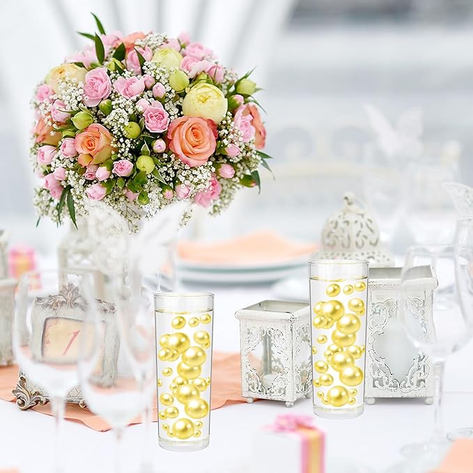 100PCS Yellow Faux Pearls Beads for Centerpiece Vases, Vase Filler Faux Pearls, No Holes Filler Beads for Party Anniversary Birthday Wedding Table Decor, 14/20/30mm