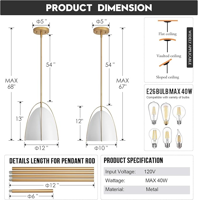 10in Dome Pendant Light White Kitchen Island Pendant Lighting Modern White & Gold Pendant Lights Fixture for Dining Room Kitchen Sink, E26