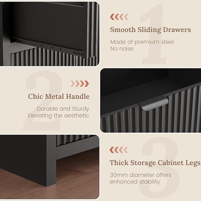 Fluted Sideboard Buffet Cabinet with Storage Drawers, 55" Large Accent Storage Cabinet with Doors and Adjustable Shelf, Modern Farmhouse Credenza for Entryway, Kitchen, Living Room - Black