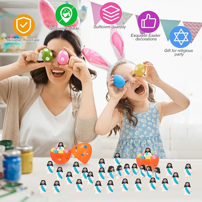 Bememo 100 Pcs Jesus Toys Original Design Mini Rubber Little Jesus Figurine to Hide and Seek Religious Party Favors Sunday School Craft Baptism Gifts for Easter Egg Stuffers(Cyan)