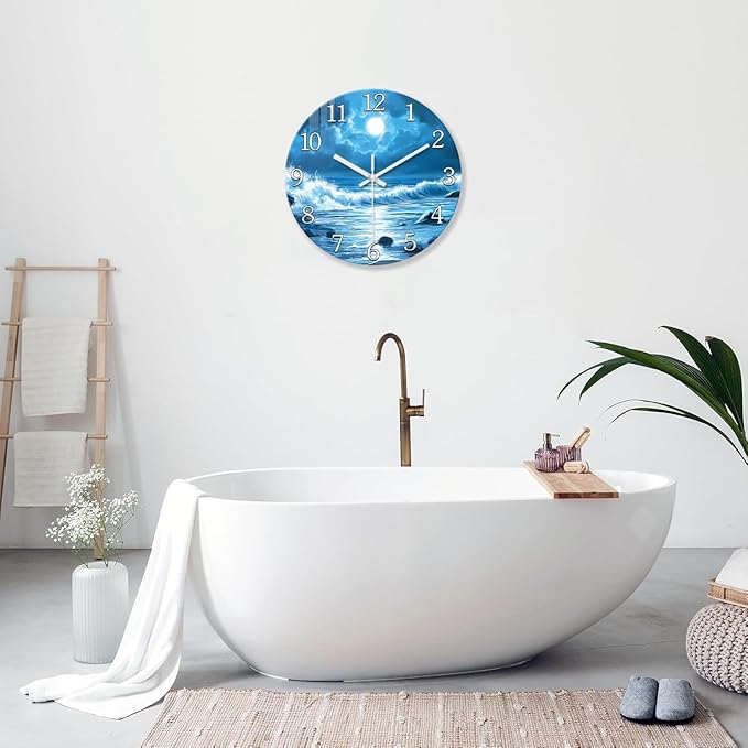 XFM Blue Wall Clock Battery Operated 12 Inch Silent Non-Ticking Glass Clocks Moon Ocean Wave Round Clocks for Kitchen Bedroom Bathroom Decor