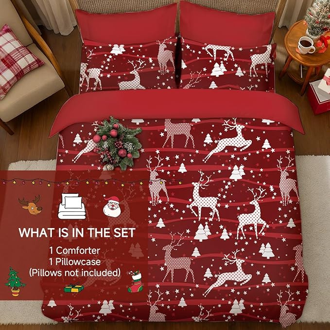 Christmas Comforter Set Twin Size,Red Christmas Bed Set with Reindeer Stars Bedding for Holiday, 2 Pieces 1 Reversible Comforter and 1 Pillowcase