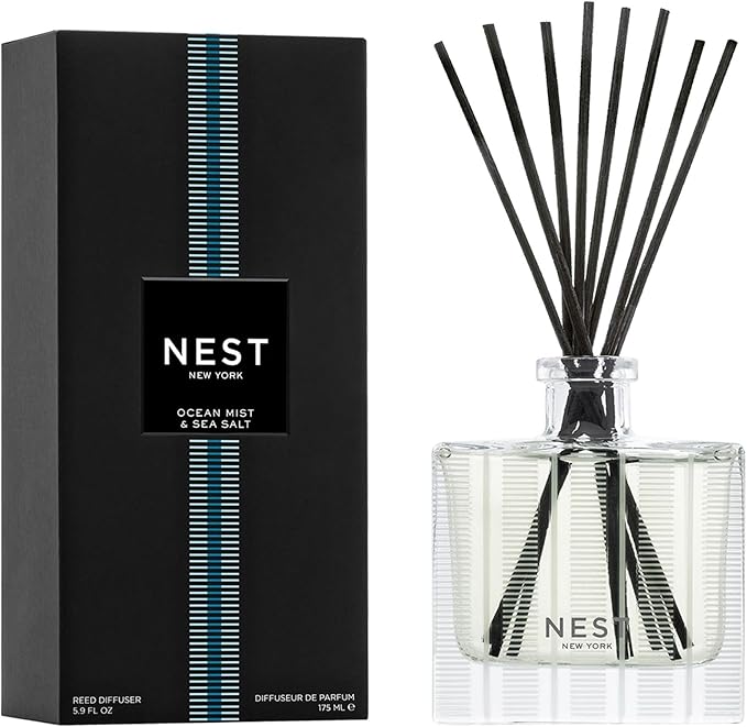 NEST New York Reed Diffuser, Ocean Mist & Sea Salt - 5.9 fl oz - Fragrance for Up to 90 Days - Reusable, Refillable Glass Holder - Includes 8 All-Natural Reed Sticks - Flame Free