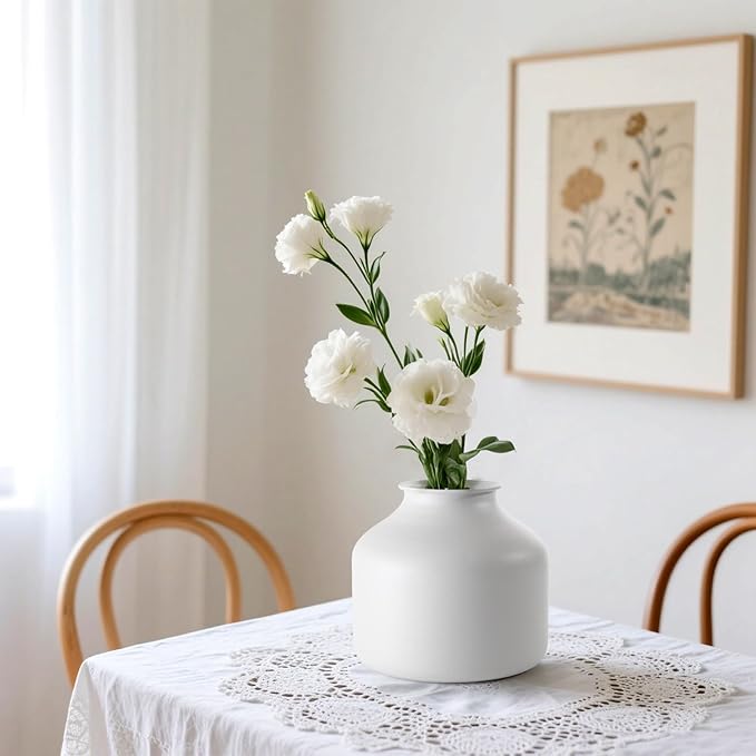 Goaste Metal Matte Flower Vase, Small White Vase for Flowers, 6.3 Inch Tall Iron Frosted Floral Arranging Vases, Nordic Style Round Boho Vases for Modern Minimalist Home Decor, Wedding, Bookshelf