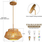 Rattan Chandelier Light Fixtures: 1-Light Boho Pendant Lights with Wicker Lampshade, E26 59inch Height Adjustable Hand Woven Hanging Chandeliers for Dining Room Kitchen Farmhouse Living Room