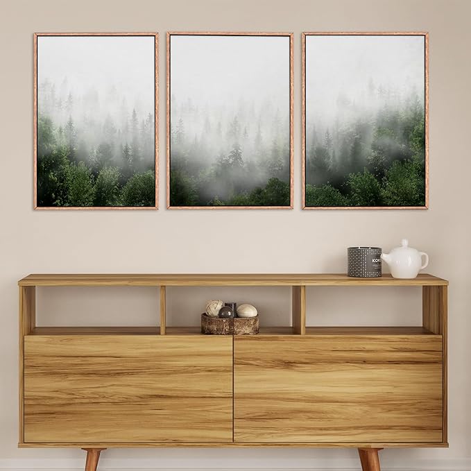 HPINUB Misty Green Forest Framed Canvas Wall Art Set, Nature Scenery Modern Wall Decor, Foggy Mountain Wall Painting, Woodland Landscape Nursery Art Print for Living Room, Bedroom, Office - 16"x24"x3