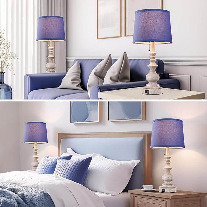 22'' Farmhouse Bedroom Table Lamps Set of 2 Bedside Nightstand Lamps with USB A/C Charging Ports Small Side Table Lamps for Living Room End Tables, Wooden Finish, Blue Shade, Bulb Not Included