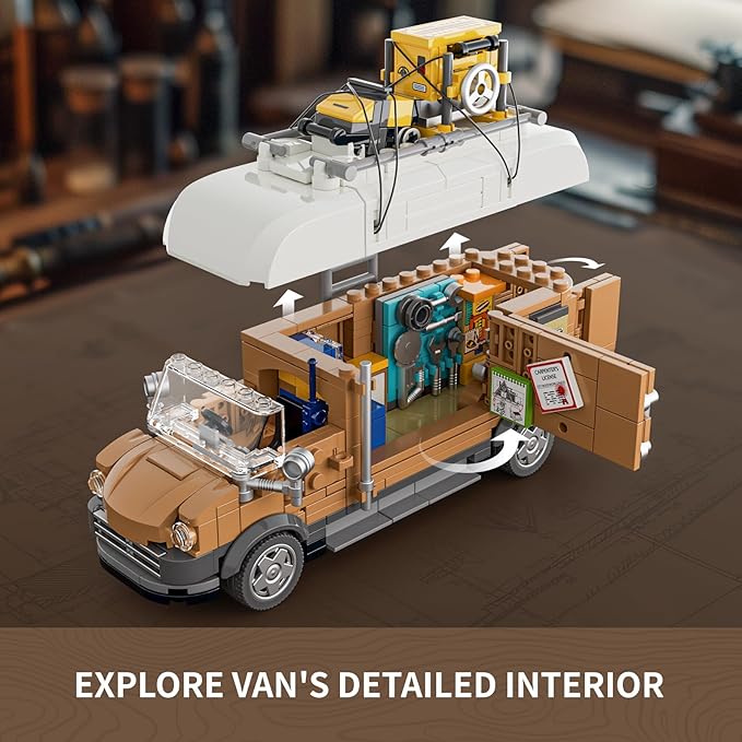 FUNWHOLE Carpentry Van Lighting Building-Bricks Set - Farm Woodworker Car Collectible Display Set 496 Pcs for Adults and Teen