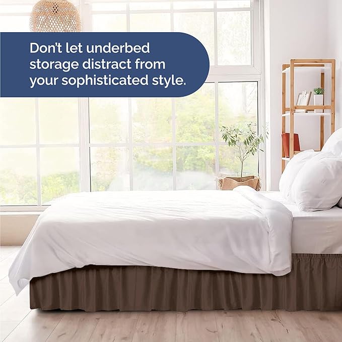 Wrap Around Dust Ruffle Bed Skirt - Brown - Twin/Twin XL Size Beds with 21 Inch Drop - Easy Fit Elastic Strap - Adjustable Pleated Bedskirt w/Brushed Fabric - Wrinkle Free - Women, Men, Kids & Teens
